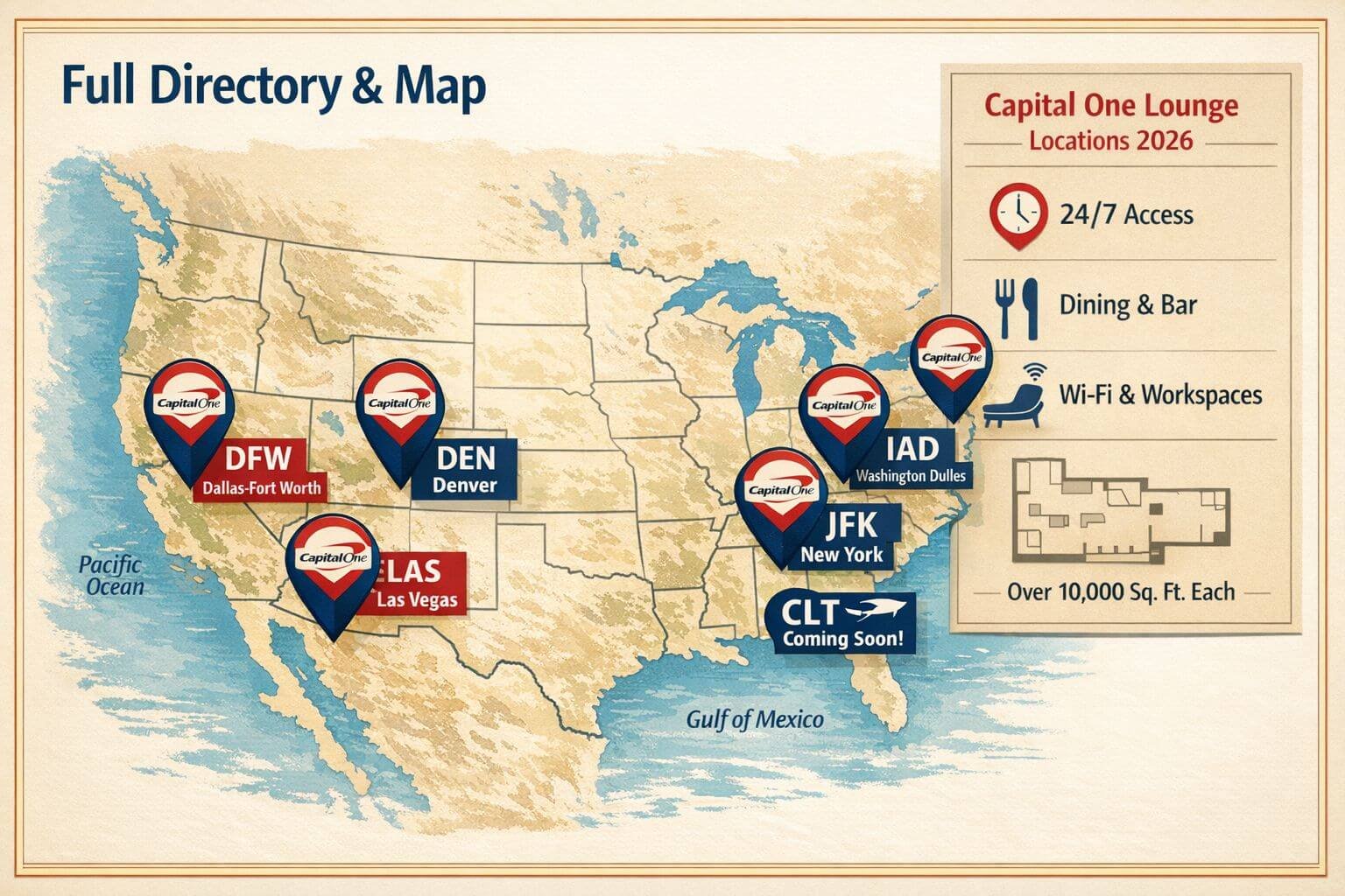 Capital One Lounge Locations 2026: Map, Hours, Access Rules + Guest Policy Detailed landscape format (1536x1024) infographic-style image showing a stylized US airport map with pin markers at DFW, DEN, IAD, JFK, LAS,