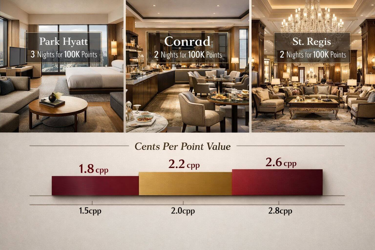 Best Use of 100,000 Points: Transfer Partner Value Comparison 2026 Luxury hotel comparison visual featuring three distinct property types in triptych layout. Left panel: Hyatt Park Hyatt suite with modern mi