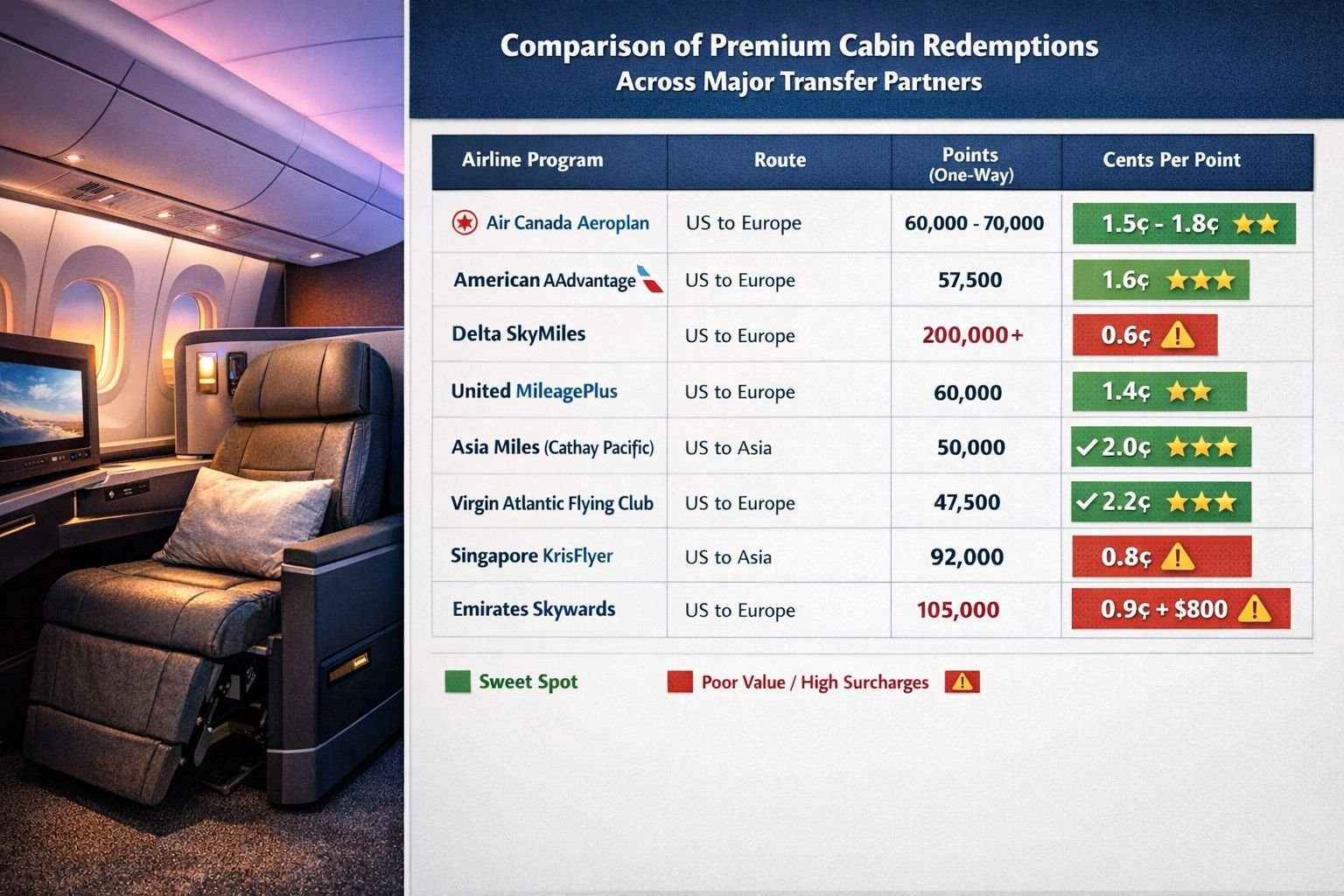 Landscape format (1536x1024) detailed value comparison chart showing premium cabin redemptions across major transfer partners. Split-screen 