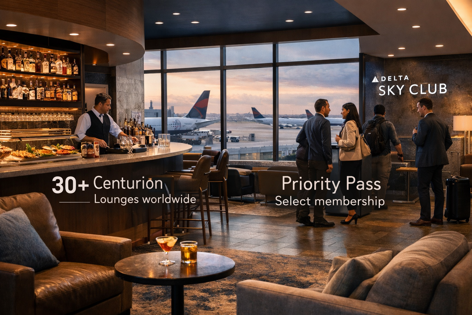 American Express Platinum Benefits 2026 - Are They Worth $895? Luxurious airport lounge scene showcasing Centurion Lounge access benefits.