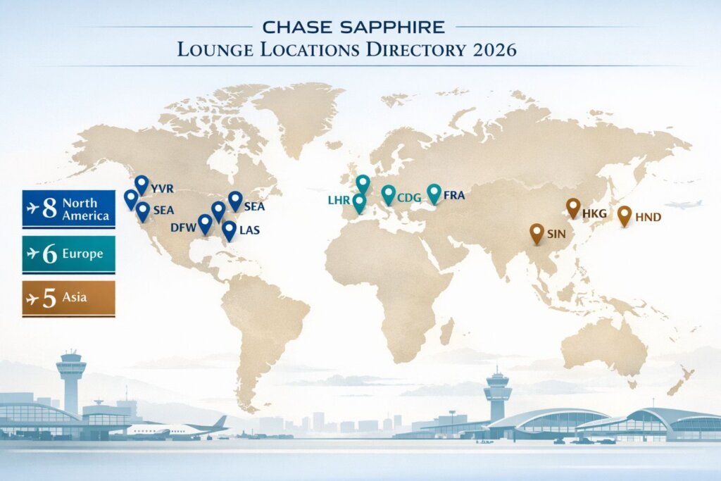 Chase Sapphire Lounge Locations 2026: Access Rules + Guest Policy Chase Sapphire Lounge Locations Directory 2026 visual directory, editorial-style world map illustration with precise geolocation pins markin