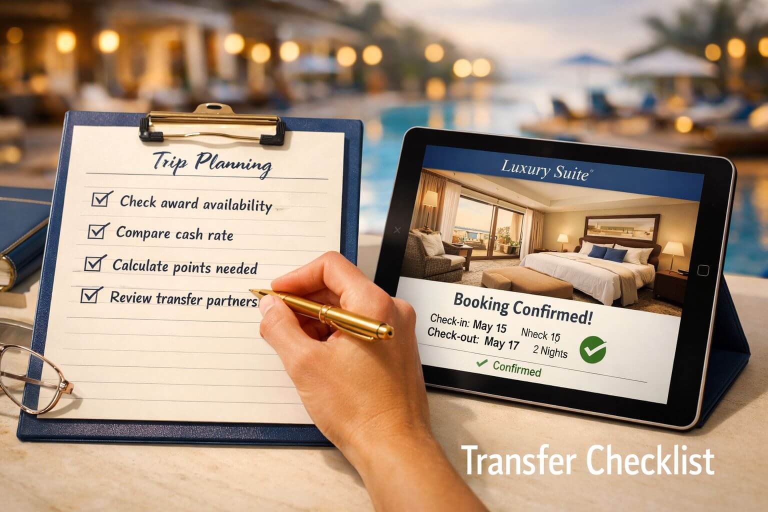 Detailed landscape format (1536x1024) conceptual illustration showing a decision checklist on a clipboard with items like 'Check award avail