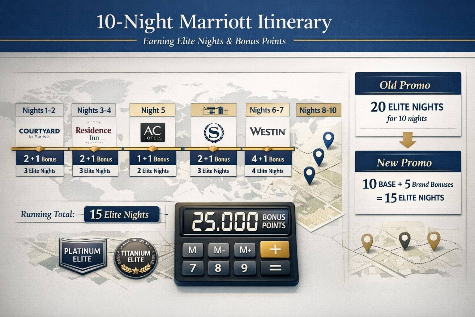 Landscape format (1536x1024) strategic planning visualization showing a sample 10-night itinerary across multiple Marriott brands. Visual in