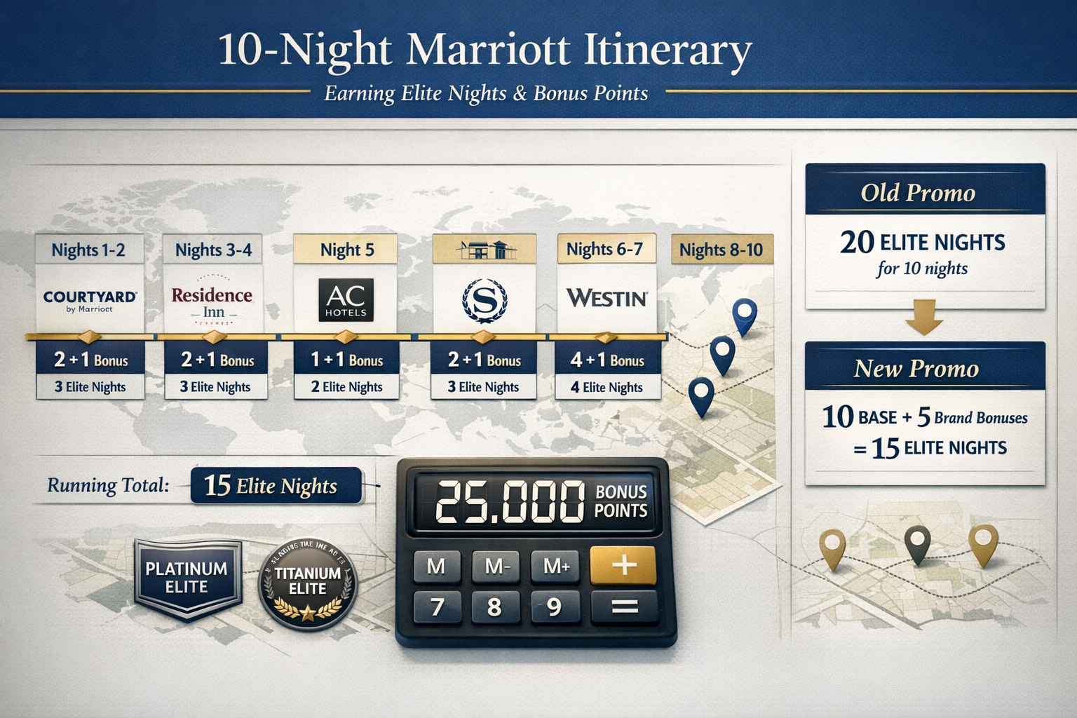 Landscape format (1536x1024) strategic planning visualization showing a sample 10-night itinerary across multiple Marriott brands. Visual in