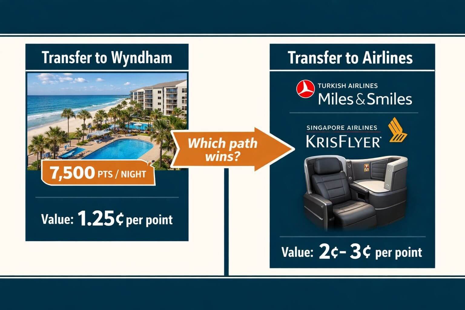 Landscape format (1536x1024) decision framework visual for the Citi ThankYou Wyndham transfer bonus worth-it analysis. Shows a professional 