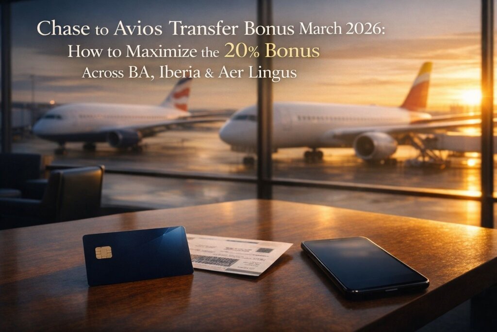 A credit card, boarding pass, and smartphone rest on an airport lounge table with two airplanes visible through large windows at sunrise. Text about a Chase to Avios 20% transfer bonus is overlaid at the top, perfect for British Airways travelers.