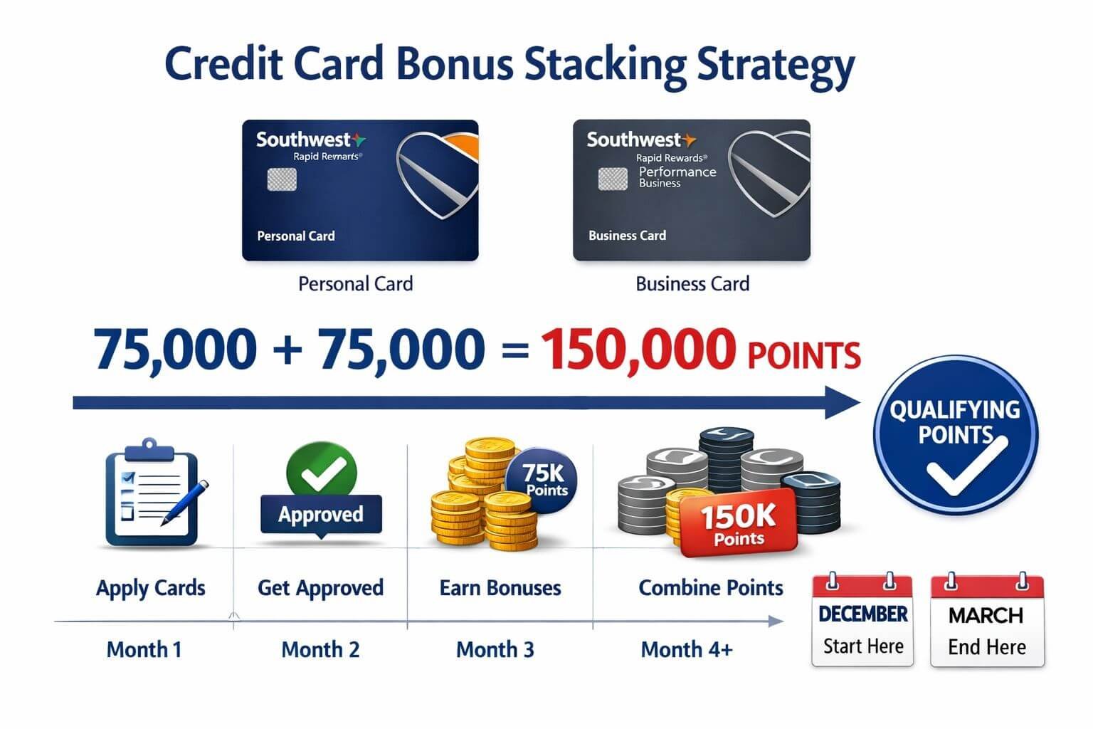 Southwest Companion Pass 2026: Fastest Ways to Earn 135,000 Points Detailed infographic illustration showing credit card bonus stacking strategy with two premium Southwest credit cards (personal and business