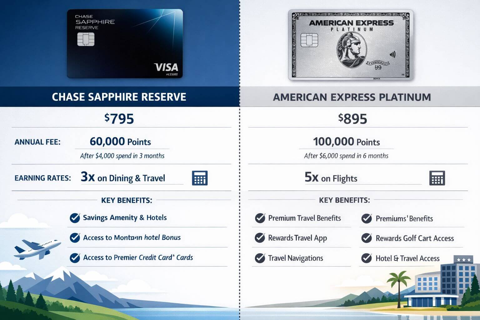 Detailed landscape infographic (1536x1024) showing side-by-side comparison of Chase Sapphire Reserve and American Express Platinum cards. Sp