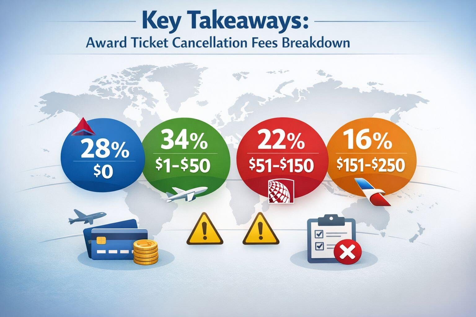 Award Ticket Cancellation Fees: What You’ll Pay and How to Avoid Infographic visualization for 'Key Takeaways' section depicting award ticket cancellation fees landscape. Central graphic showing percentage