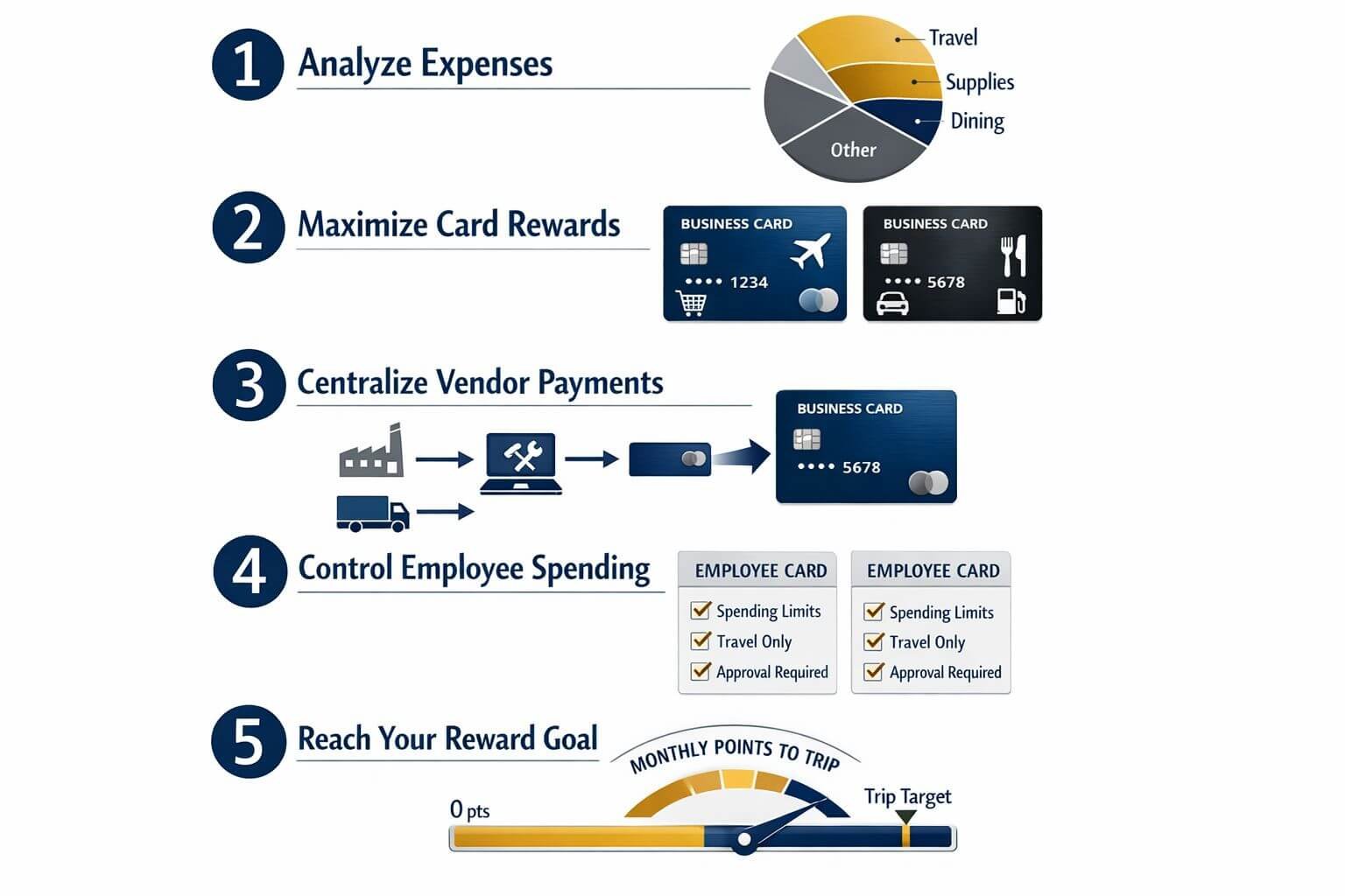Small Business Travel Rewards Strategy: Turn Expenses Into 2 Free Trips/Year Landscape format (1536x1024) infographic showing five numbered steps in vertical flow: (1) Expense category pie chart with top three segment