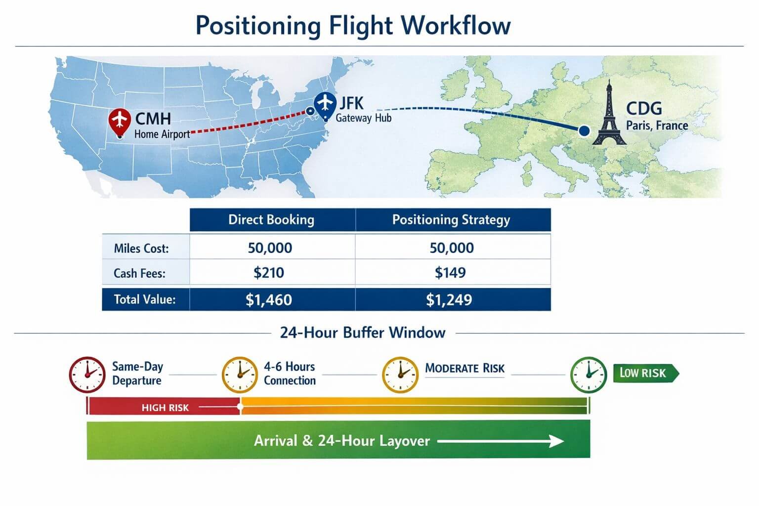 Landscape format (1536x1024) detailed infographic showing step-by-step positioning flight workflow. Top section displays map of United State