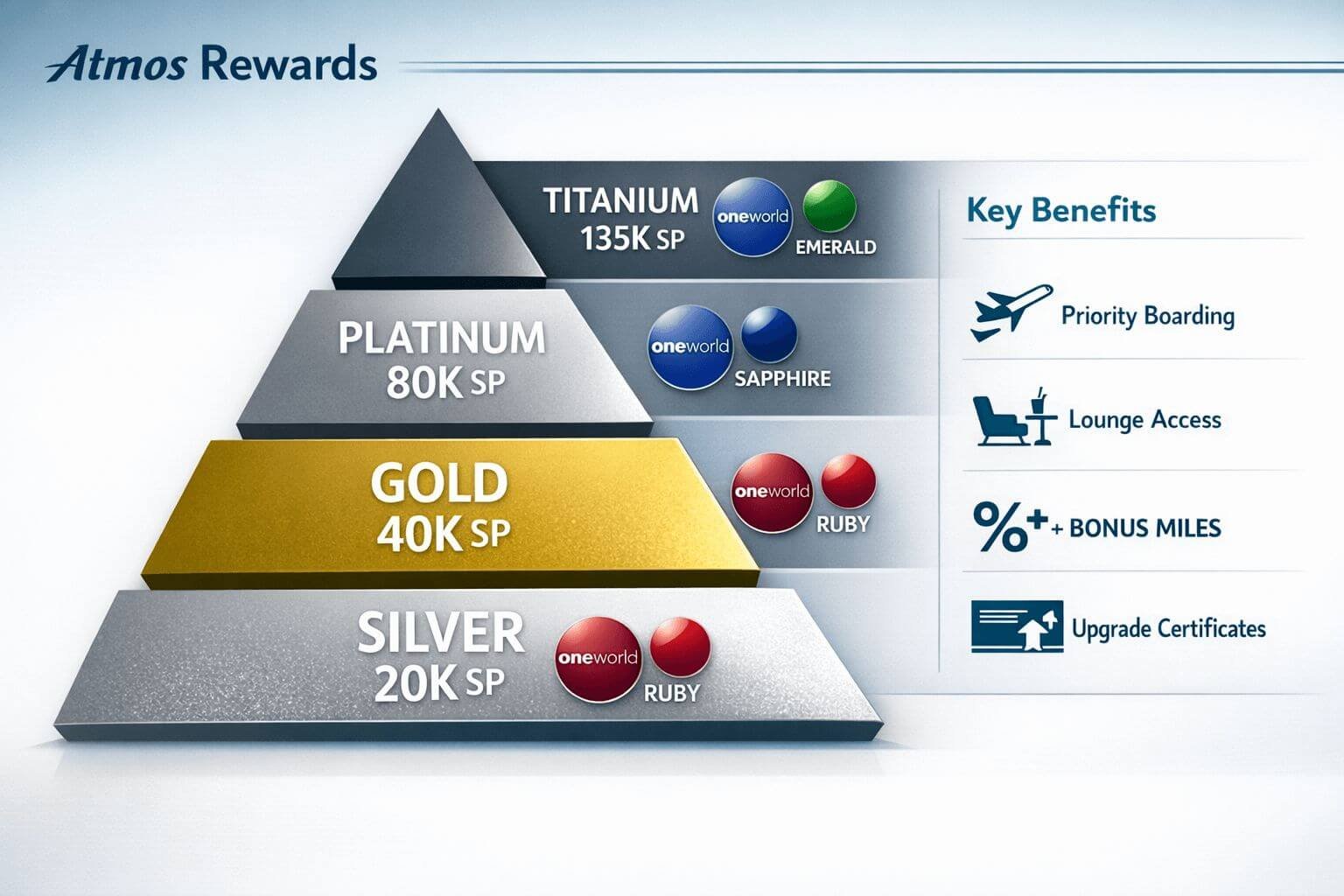 Landscape format (1536x1024) infographic showing four-tier status pyramid for Atmos Rewards program. Bottom tier labeled 'Silver 20K SP' in 