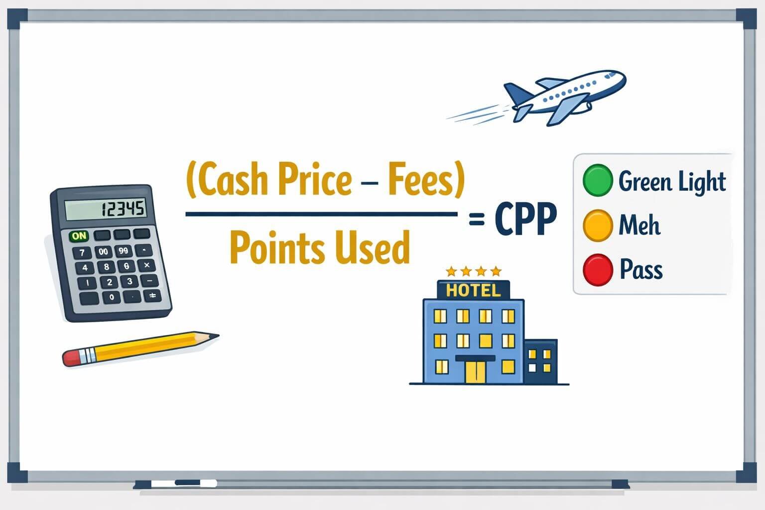 Landscape format (1536x1024) educational infographic illustration showing the cents-per-point formula written on a clean whiteboard or chalk