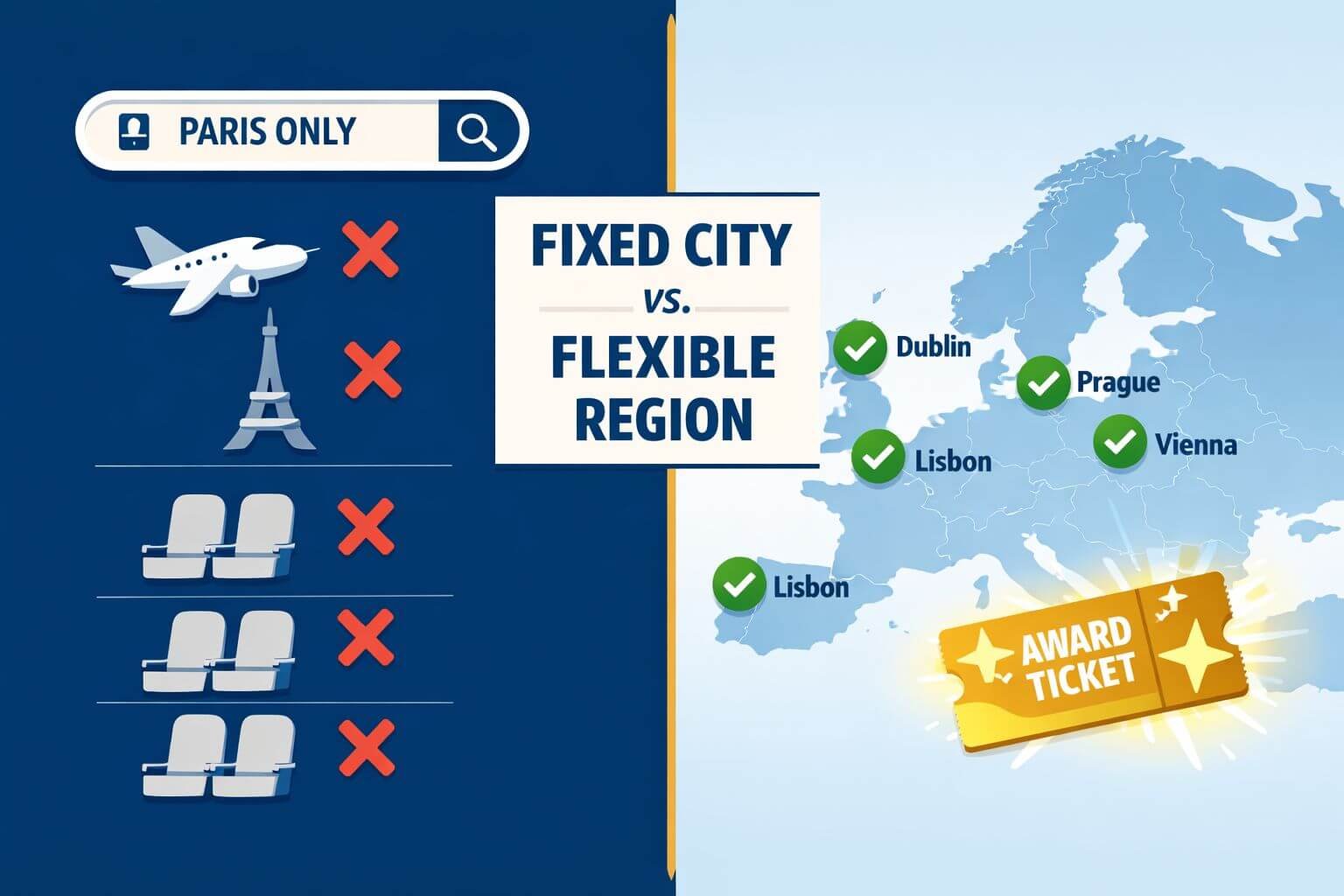 Beginner’s guide to booking “anywhere in Europe” award trips with miles Landscape format (1536x1024) infographic-style illustration showing a split-screen comparison: left side displays a rigid traveler fixated o