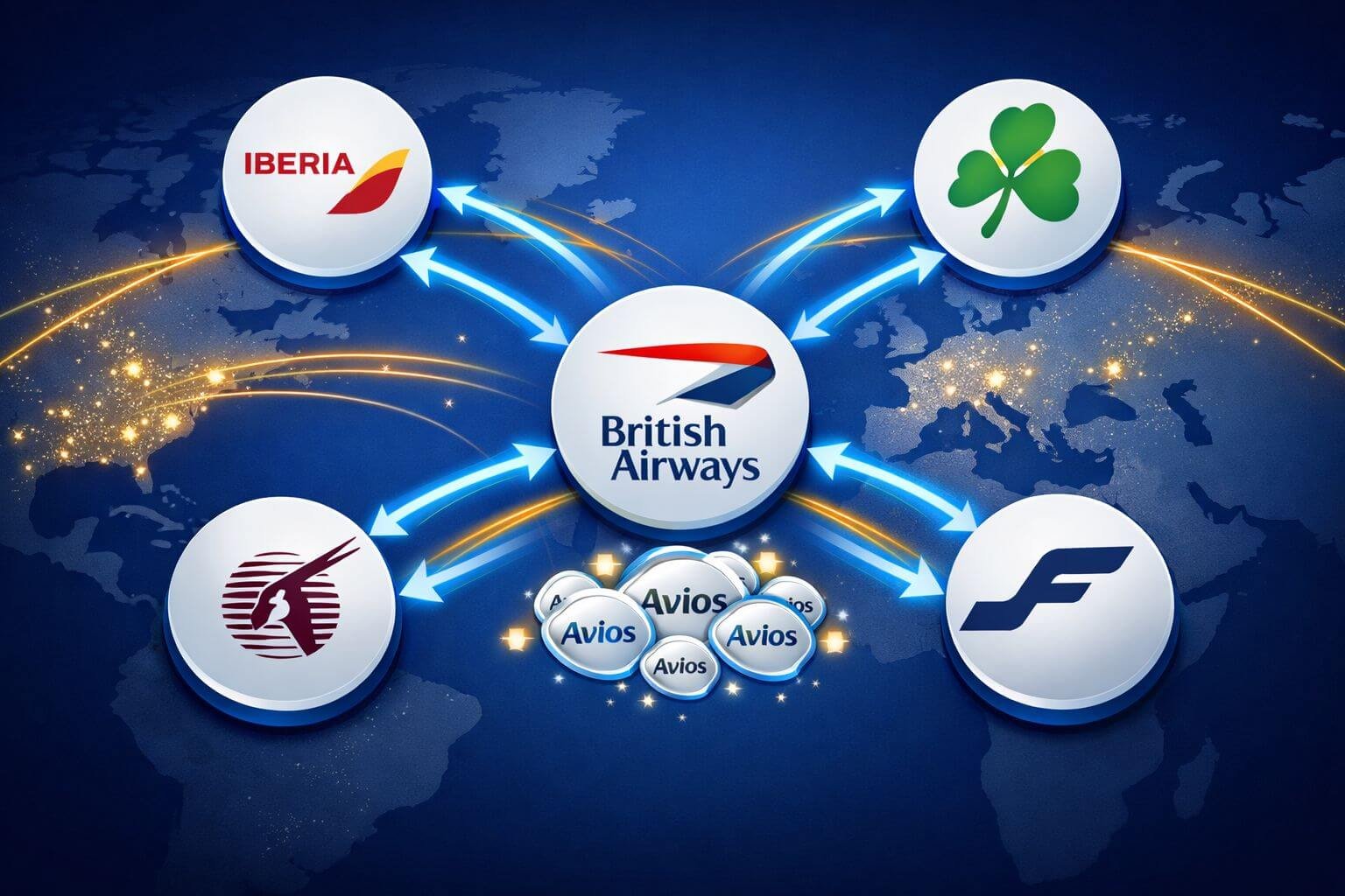 Landscape format (1536x1024) editorial illustration showing a conceptual flowchart visualization of Avios points moving between five airline
