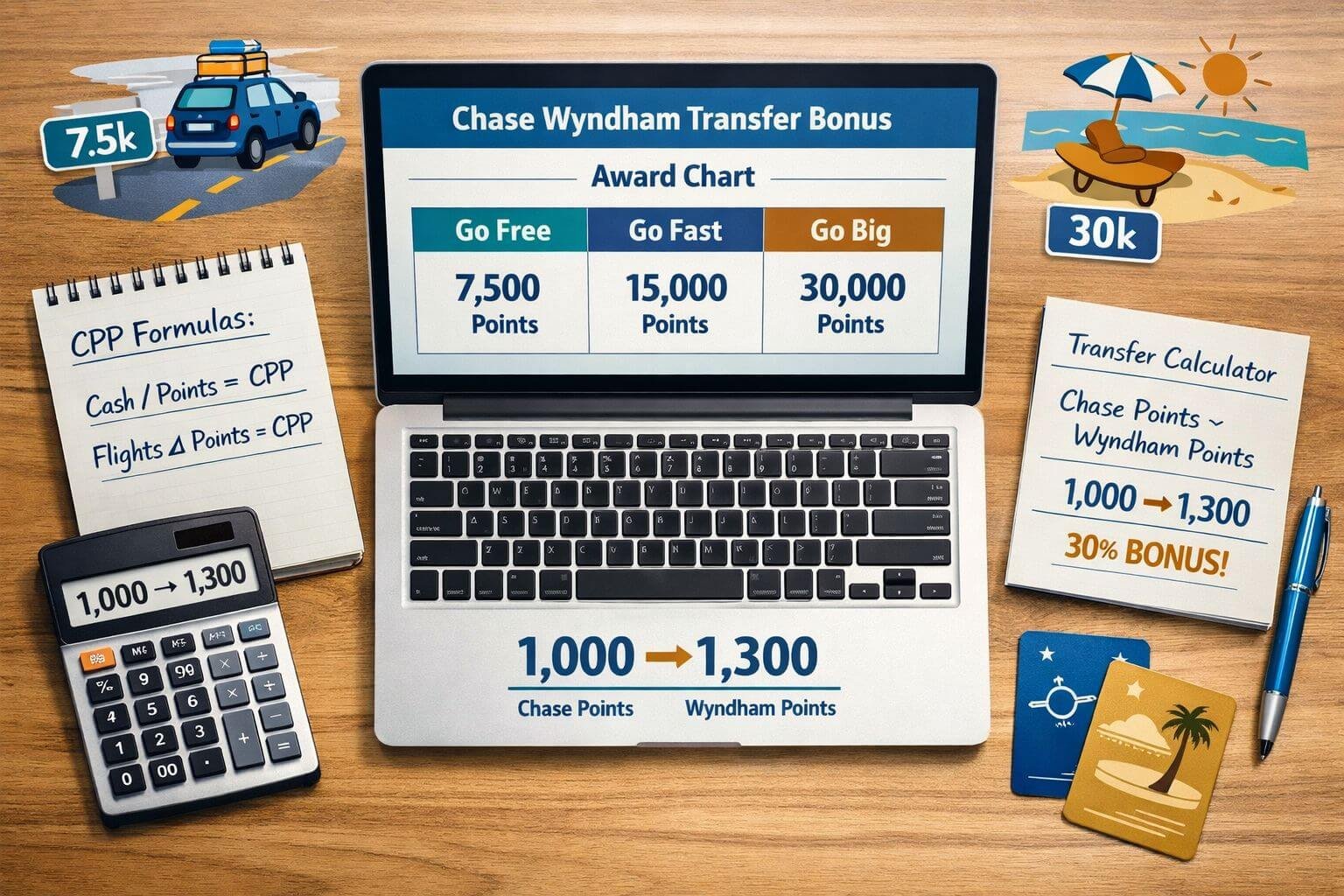 Editorial infographic-style image focused on the Chase Wyndham transfer bonus math and award chart. Show a clean desk-top