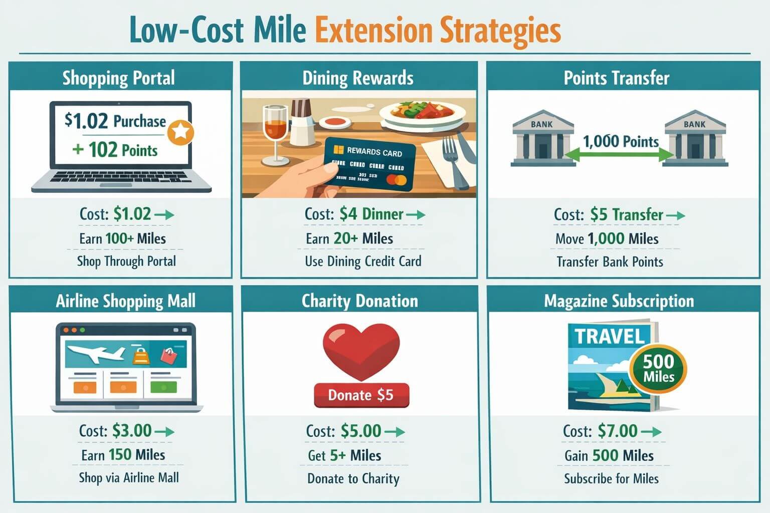 Landscape format (1536x1024) step-by-step visual guide showing low-cost mile extension strategies. Split into six panels with icons and cost