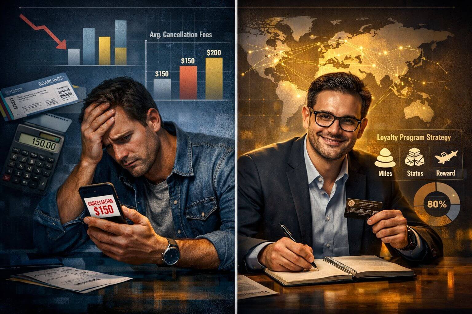 Award Ticket Cancellation Fees: What You’ll Pay and How to Avoid Conceptual editorial image illustrating 'Why Award Ticket Cancellation Fees Matter More Than You Think' section. Split-screen composition sh