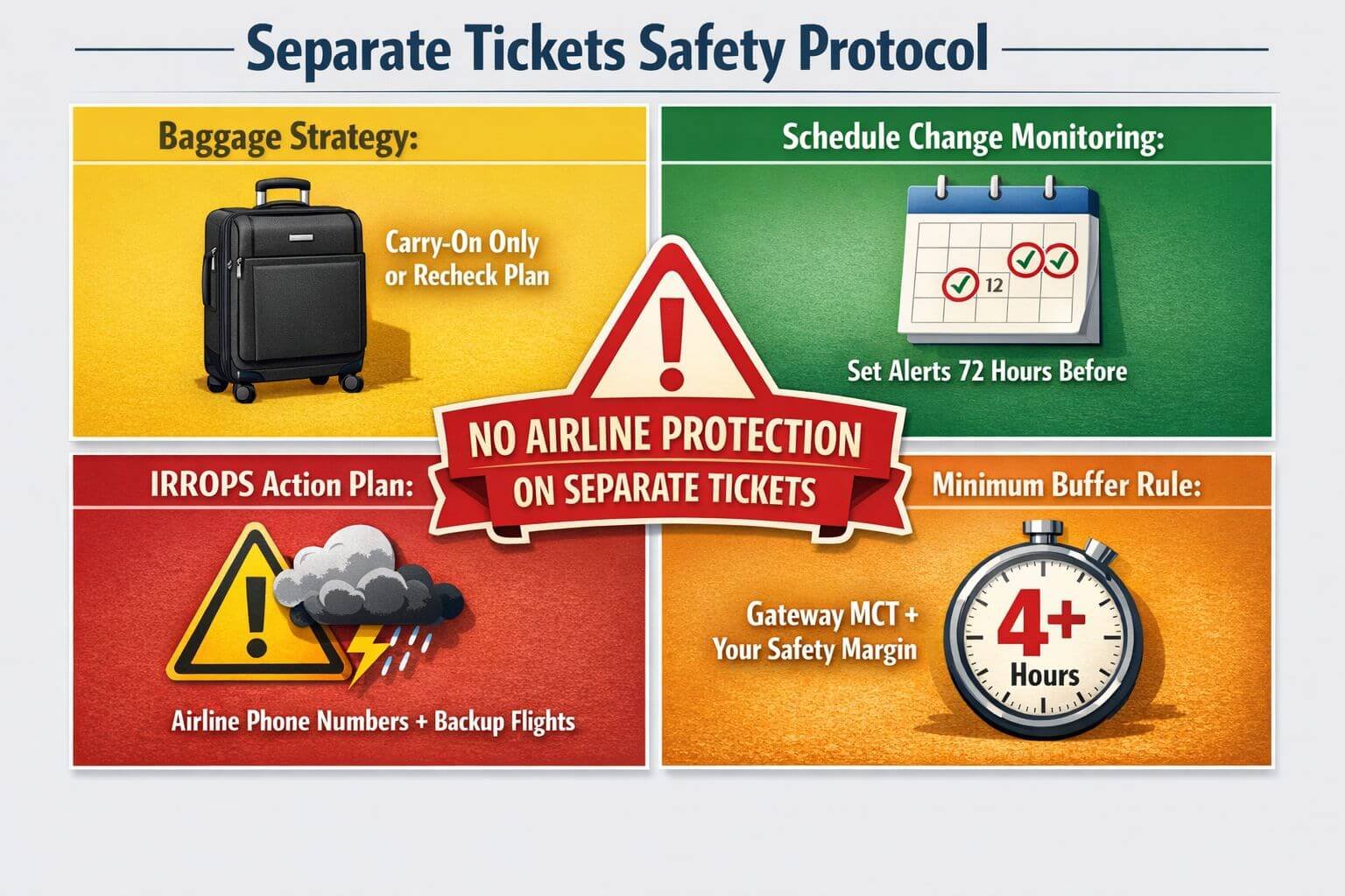 Landscape format (1536x1024) comprehensive checklist infographic titled 'Separate Tickets Safety Protocol' with four quadrant layout. Top-le