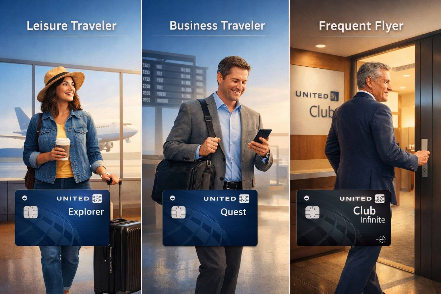 Detailed landscape format (1536x1024) conceptual illustration showing three distinct traveler profiles at an airport: a casual leisure trave