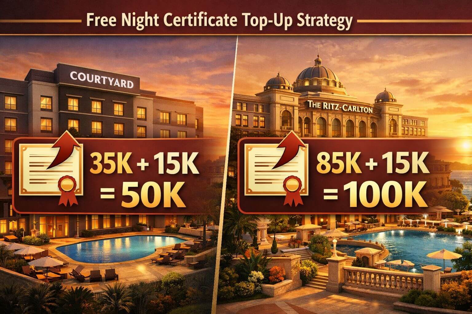 Best Marriott Bonvoy Credit Cards 2026: Brilliant vs Boundless vs Business Detailed landscape format (1536x1024) conceptual illustration showing the free night certificate top-up strategy for Marriott Bonvoy cards.