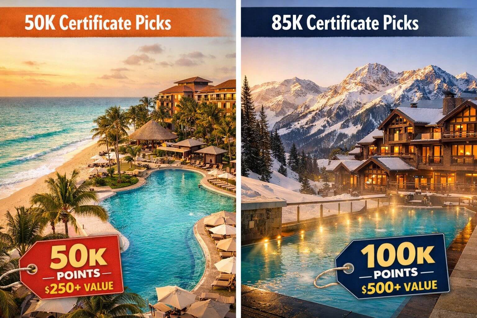 Marriott Free Night Certificates 2026: 35k vs 50k vs 85k + Best Uses Detailed landscape format (1536x1024) editorial photo collage showing best hotel picks for Marriott free night certificates. Split into two