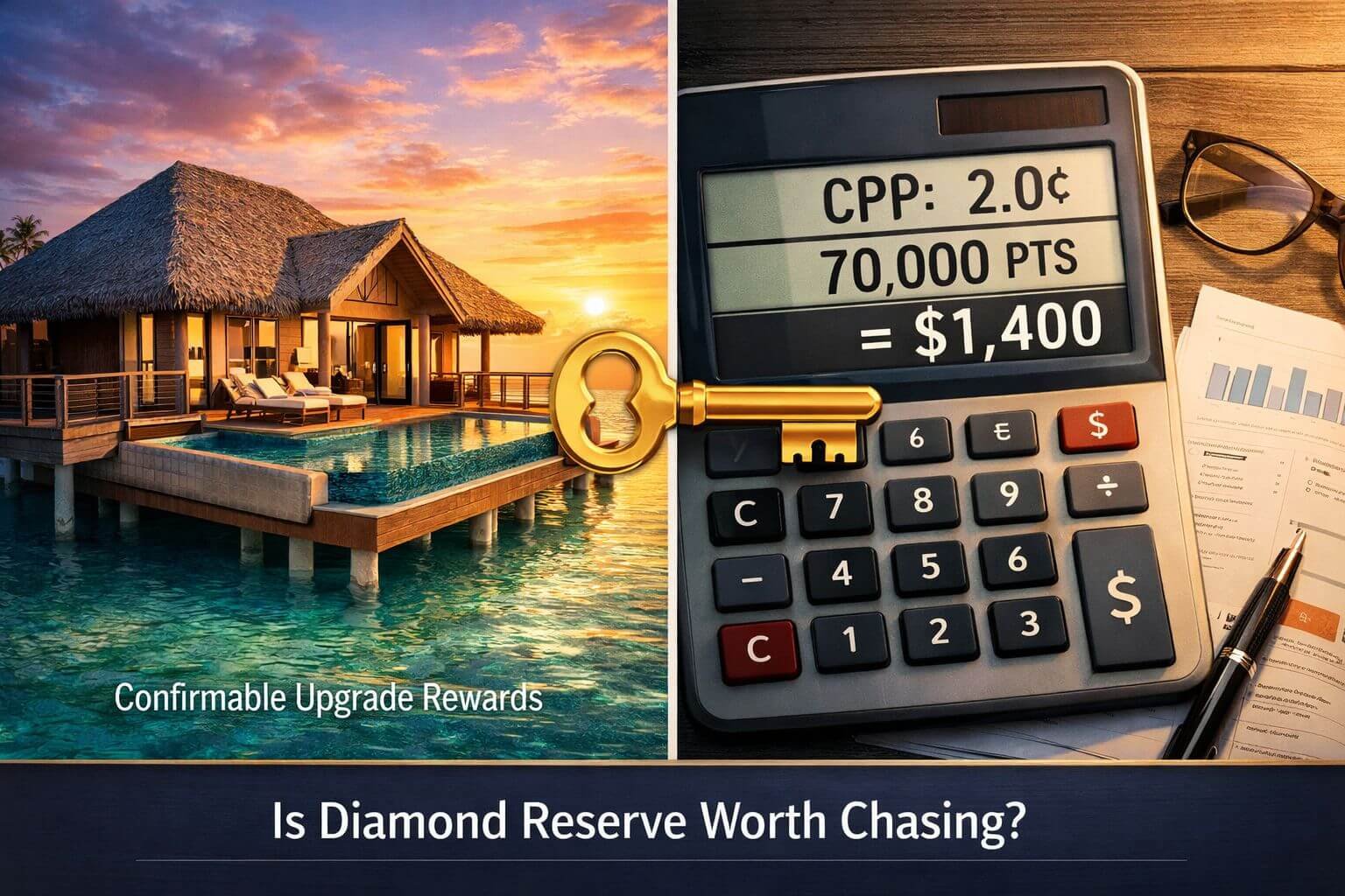 Detailed landscape format (1536x1024) conceptual illustration showing a split-screen comparison. Left side shows a luxury overwater bungalow