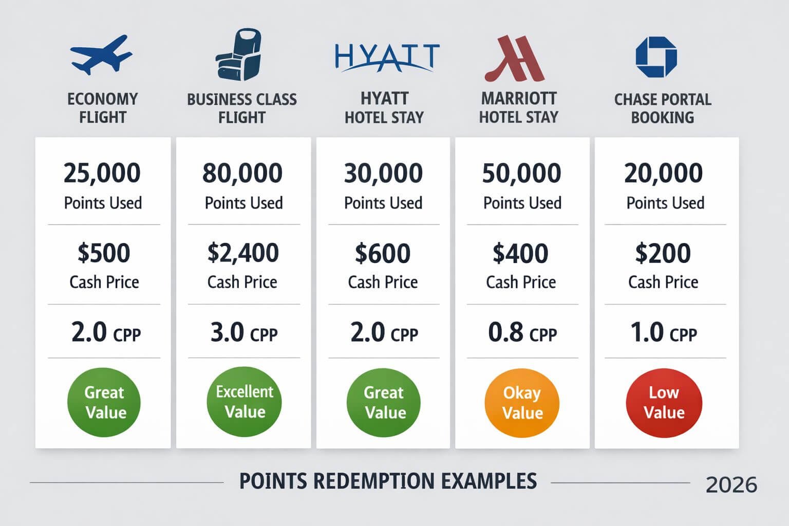 Landscape format (1536x1024) comparison table visual showing five worked redemption examples side by side: economy flight, business class fl