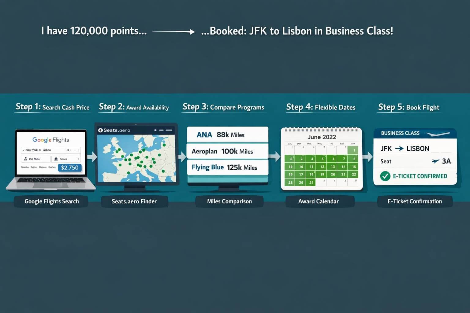Beginner’s guide to booking “anywhere in Europe” award trips with miles Landscape format (1536x1024) step-by-step workflow diagram showing a beginner traveler's journey from 'I have 120,000 points' to 'Booked: JF