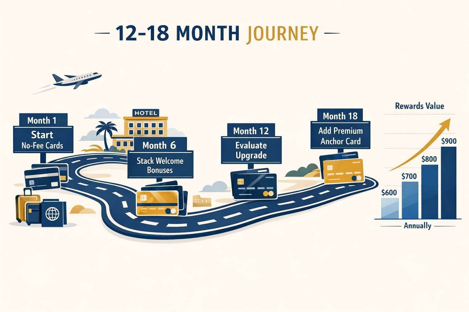 Best no-annual-fee travel credit cards for 2026 Landscape format (1536x1024) roadmap infographic illustration showing a 12-to-18-month timeline path styled as a travel journey road on a li