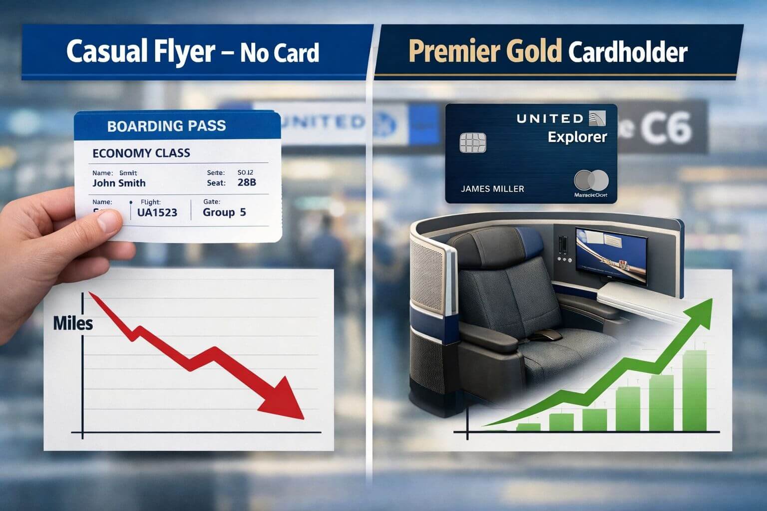 Landscape format (1536x1024) editorial concept image showing two traveler profiles side by side: left profile labeled 'Casual Flyer &ndash; No Car