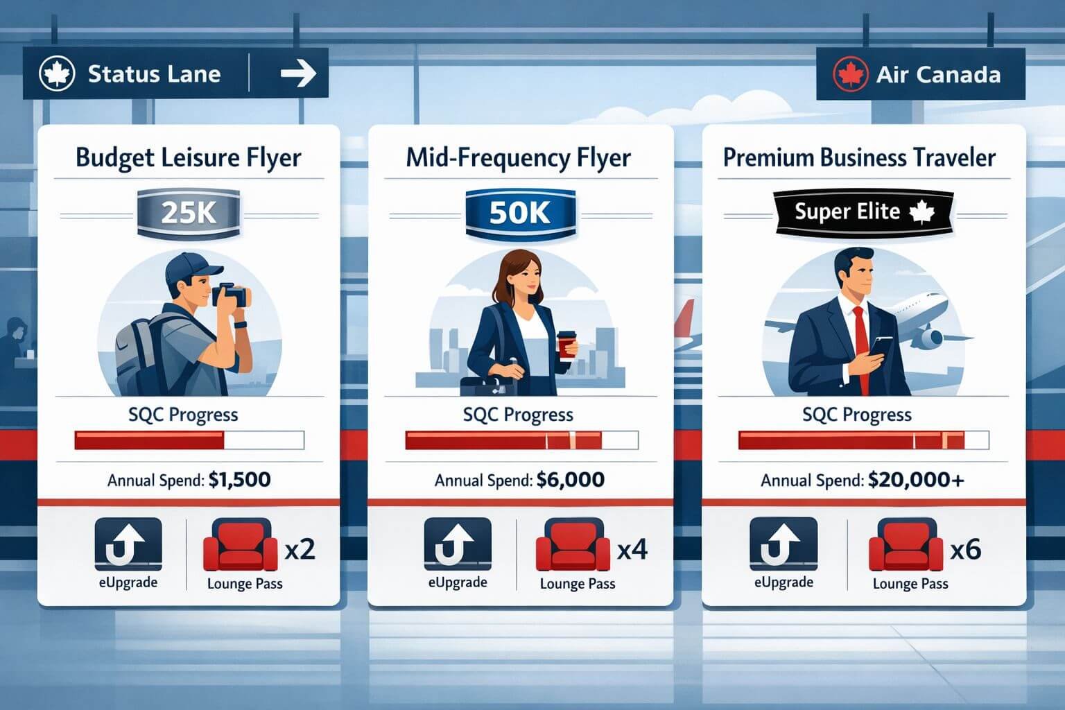 Aeroplan 2026 Changes Explained: Revenue-Based Earning & New SQC Status Rules Landscape format (1536x1024) editorial illustration showing three traveler persona cards side by side: 'Budget Leisure Flyer', 'Mid-Frequenc