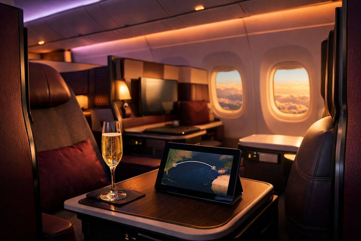 Landscape format (1536x1024) editorial photograph of a Qatar Airways Qsuite business class cabin interior with the signature privacy doors o