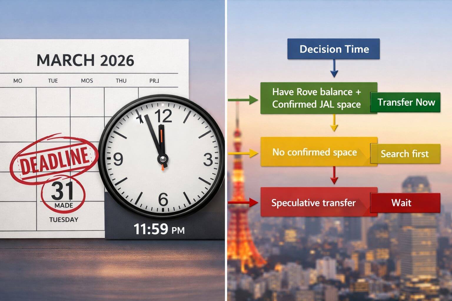 Detailed () image showing a split-screen decision framework visual. Left half depicts a calendar page showing March 31 2026