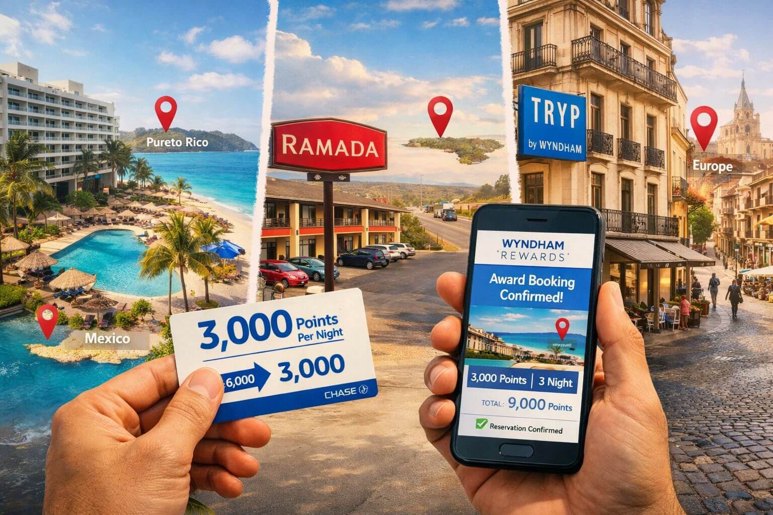 Editorial travel montage illustrating best Wyndham budget hotel redemptions after the Chase Wyndham transfer bonus. Use a