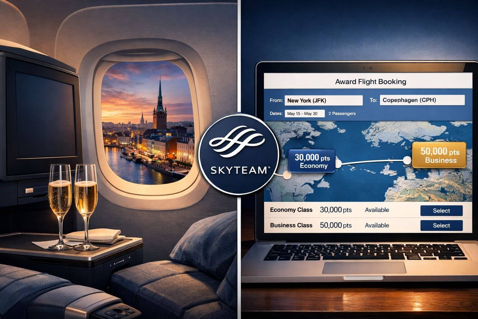 Detailed () concept illustration showing a split-scene composition: left half depicts a business class cabin interior with