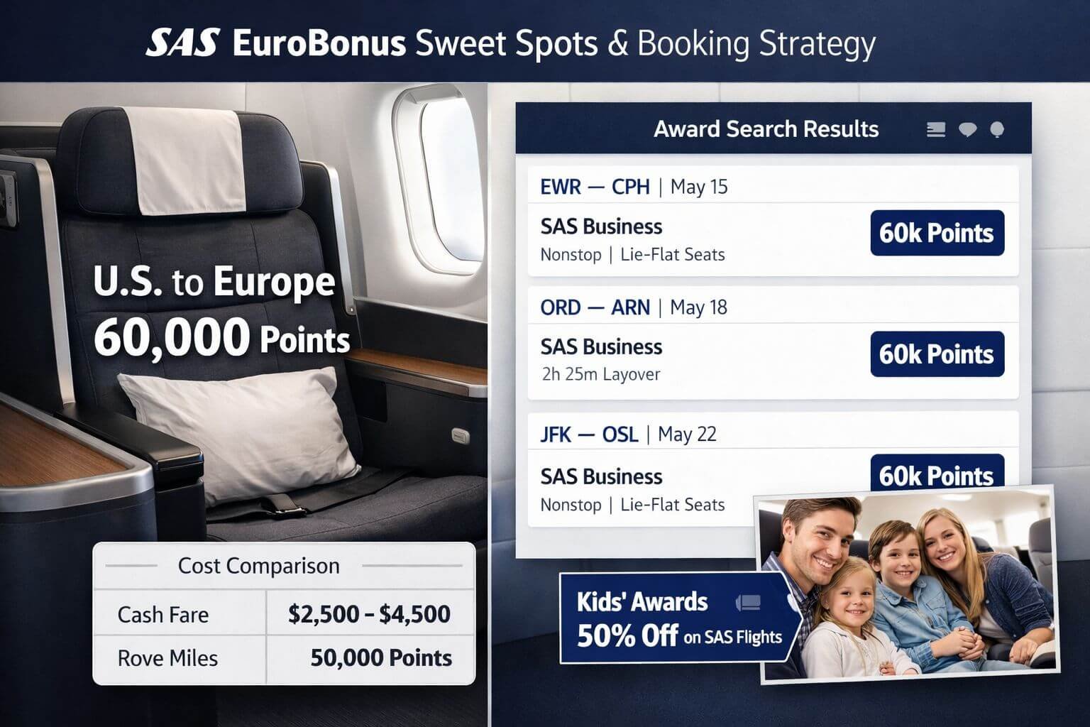 Professional editorial travel-rewards analysis image focused on SAS EuroBonus sweet spots and booking strategy. Show a split