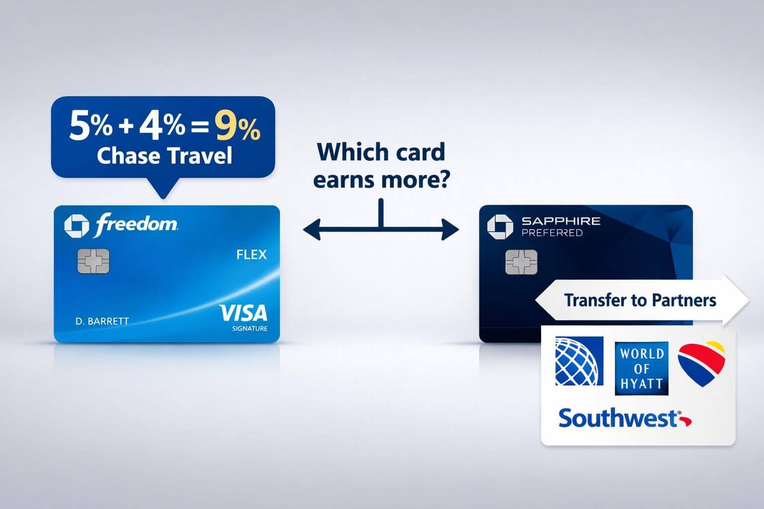 Chase Freedom Q2 2026 Bonus Categories: Maximize Amazon, Chase Travel, and Feeding America () side-by-side comparison illustration showing two Chase credit cards: Freedom Flex on the left with a '5% + 4% = 9% Chase