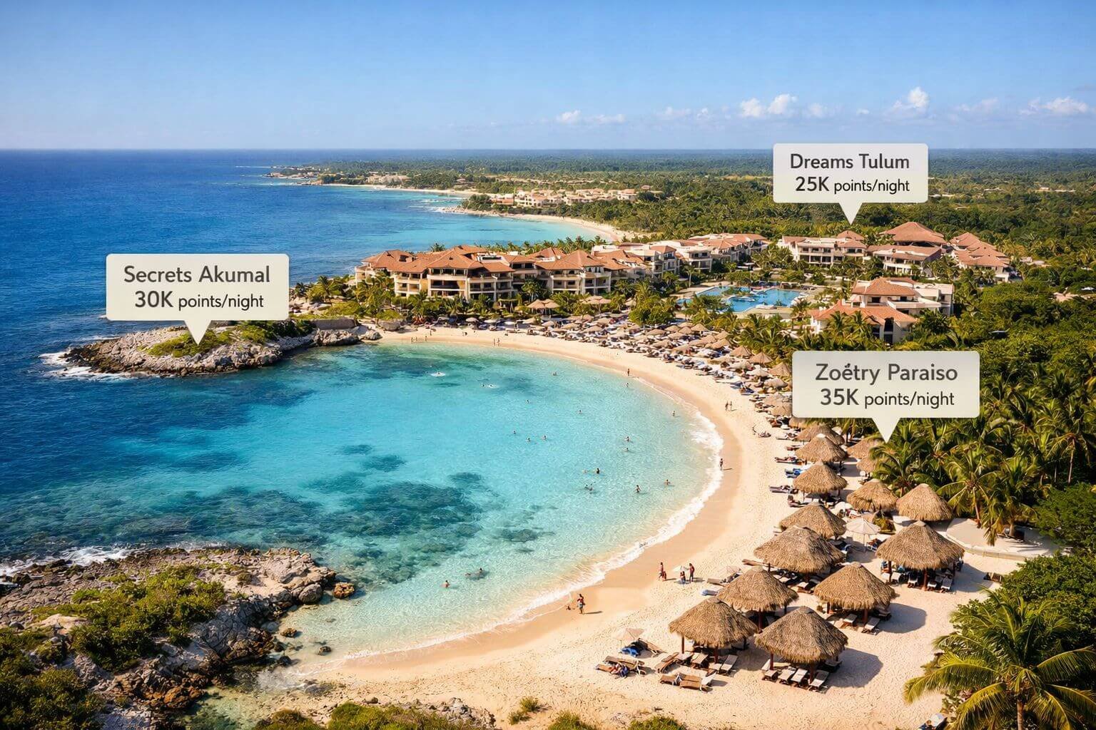 () aerial drone-style photograph of a Mexican Riviera Maya all-inclusive resort cove with powdery white sand, thatched-roof