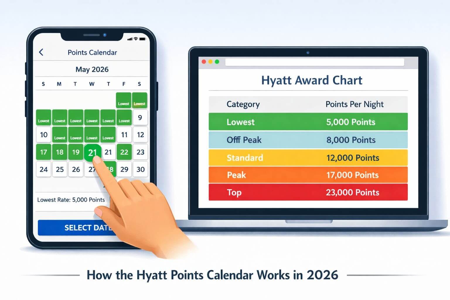 () editorial illustration showing a split-screen comparison: left side displays a Hyatt mobile app points calendar interface