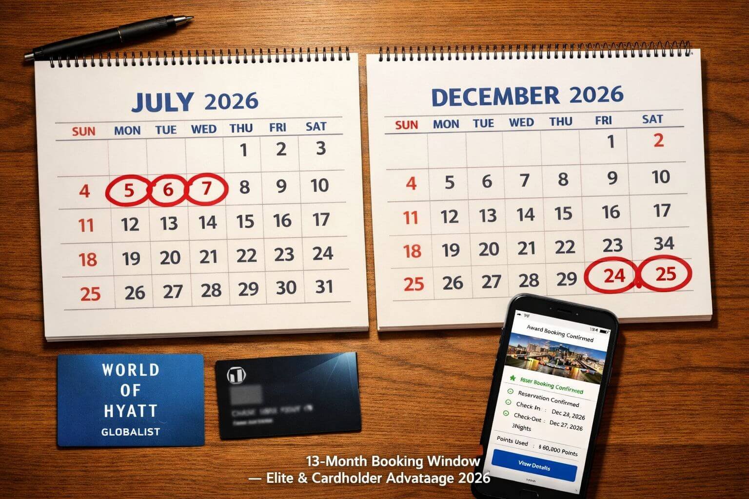 () editorial-style flat lay showing a physical 2026 wall calendar open to July and December, with key peak dates circled in