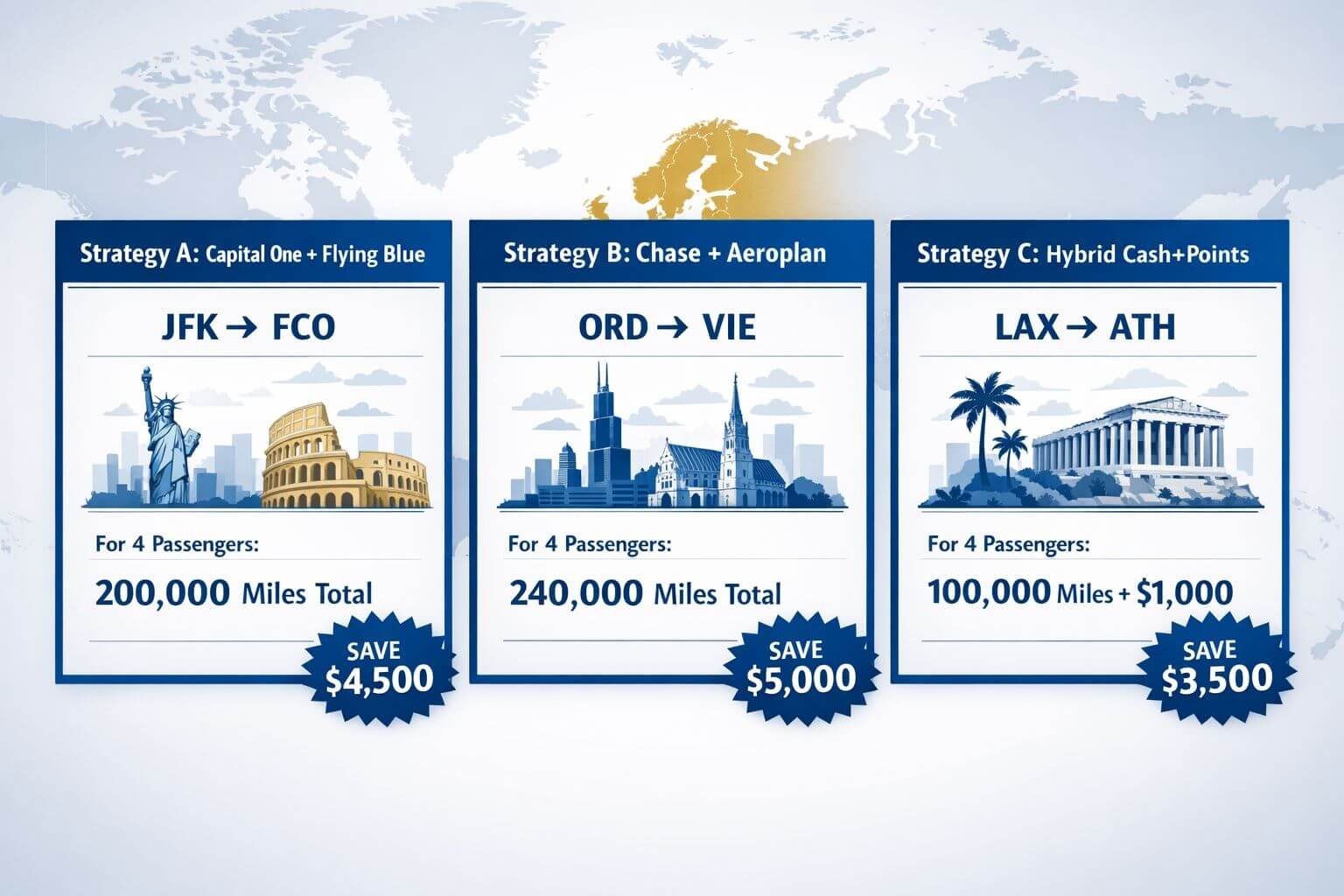Family of Four to Europe With Points: 2026 Economy Playbook Landscape format (1536x1024) editorial infographic illustration showing three side-by-side strategy cards labeled 'Strategy A: Capital One +