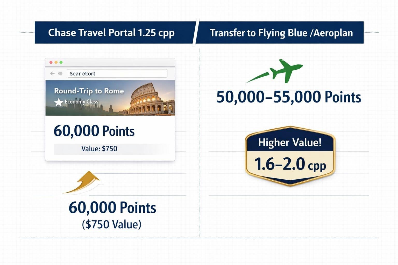 Chase Sapphire Preferred to Europe: 2026 Step-by-Step Award Strategy Landscape format (1536x1024) informational graphic showing a split comparison table: left side labeled 'Chase Travel Portal 1.25 cpp' with a