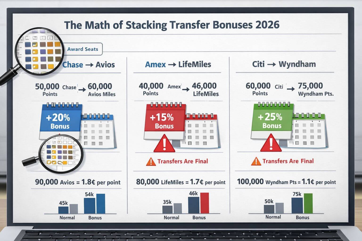 Landscape editorial infographic image () focused on the math of stacking transfer bonuses 2026. Show a close-up digital