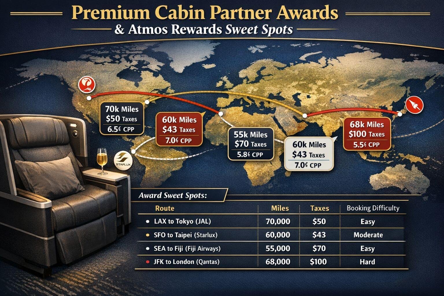 Editorial infographic scene focused on premium cabin partner awards and Atmos Rewards sweet spots. Show a business class