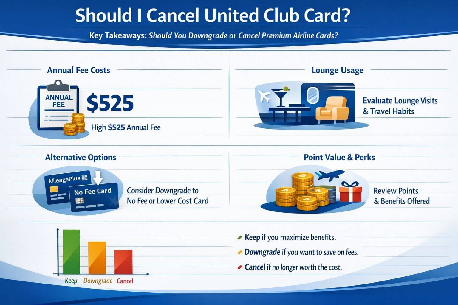 Should You Downgrade or Cancel Premium Airline Cards? (United Club) Professional landscape infographic () for article "Should I cancel United Club card? A 2026 keep, downgrade, or cancel