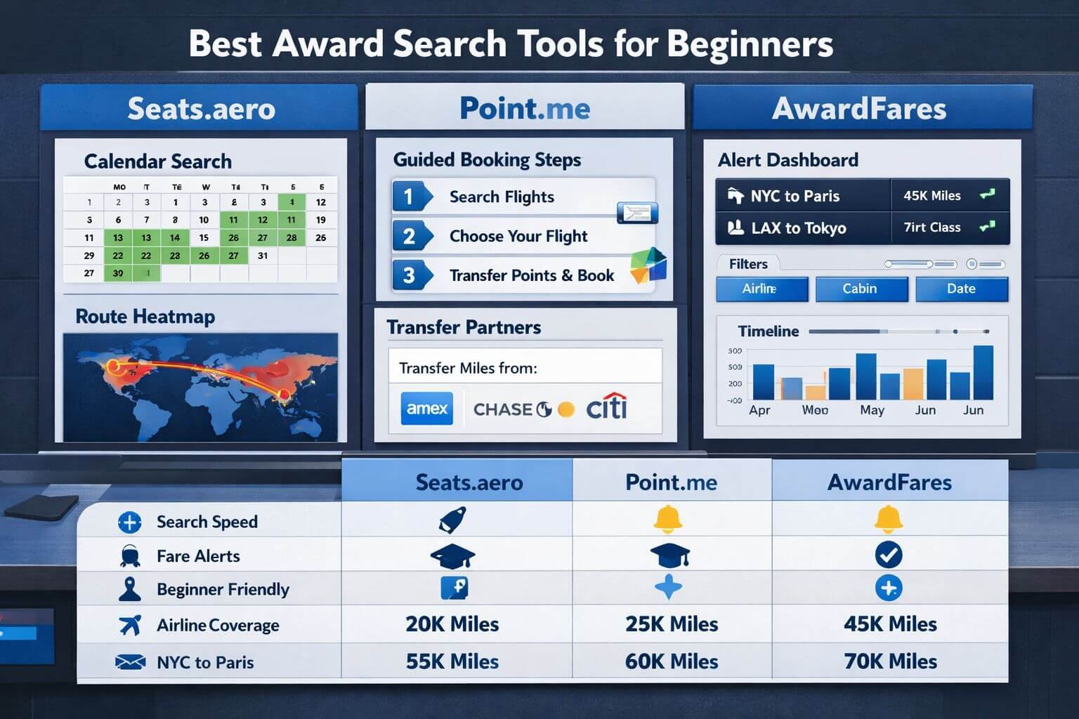 Editorial infographic scene focused on comparing the best award search tools for beginners. Show a split-screen desktop