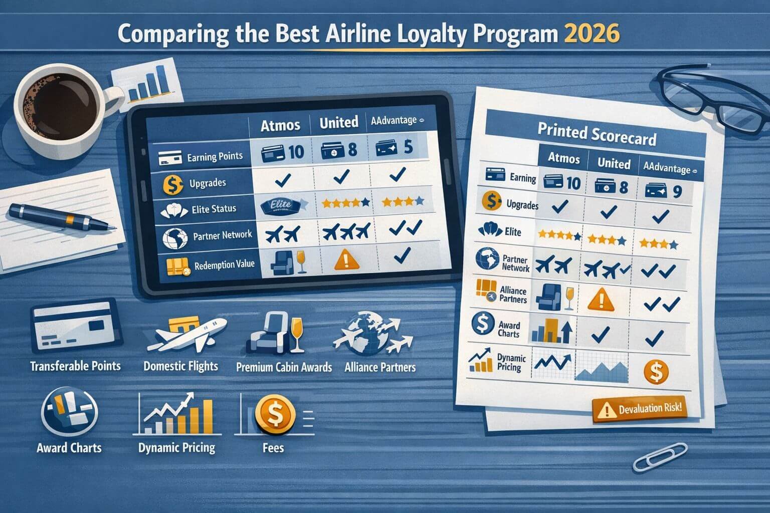 Best Airline Loyalty Program 2026: Atmos vs United vs AAdvantage Editorial infographic illustrating how to compare the best airline loyalty program 2026 across earning, elite status,