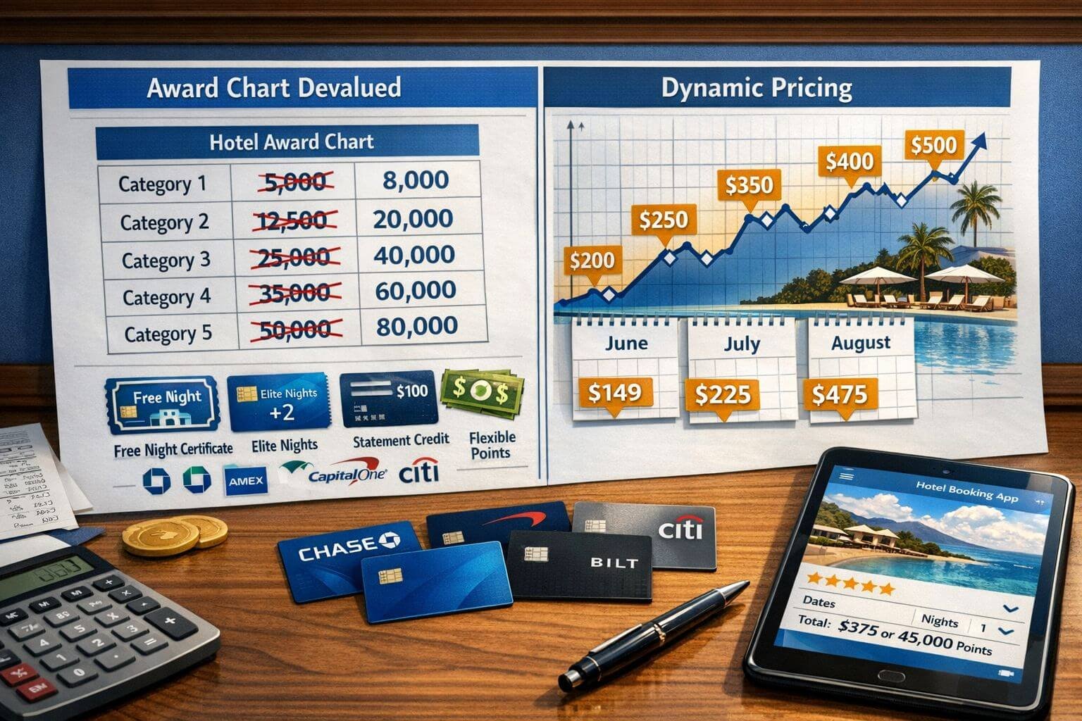 Editorial infographic scene focused on how devaluations changed card strategy for best hotel credit cards 2026. Show a