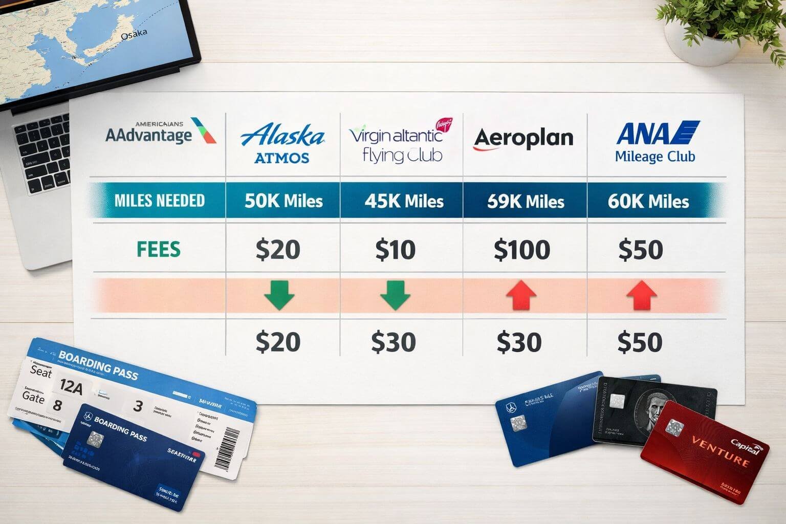 () editorial infographic-style image showing a comparison table visual of five airline loyalty program logos (AAdvantage,